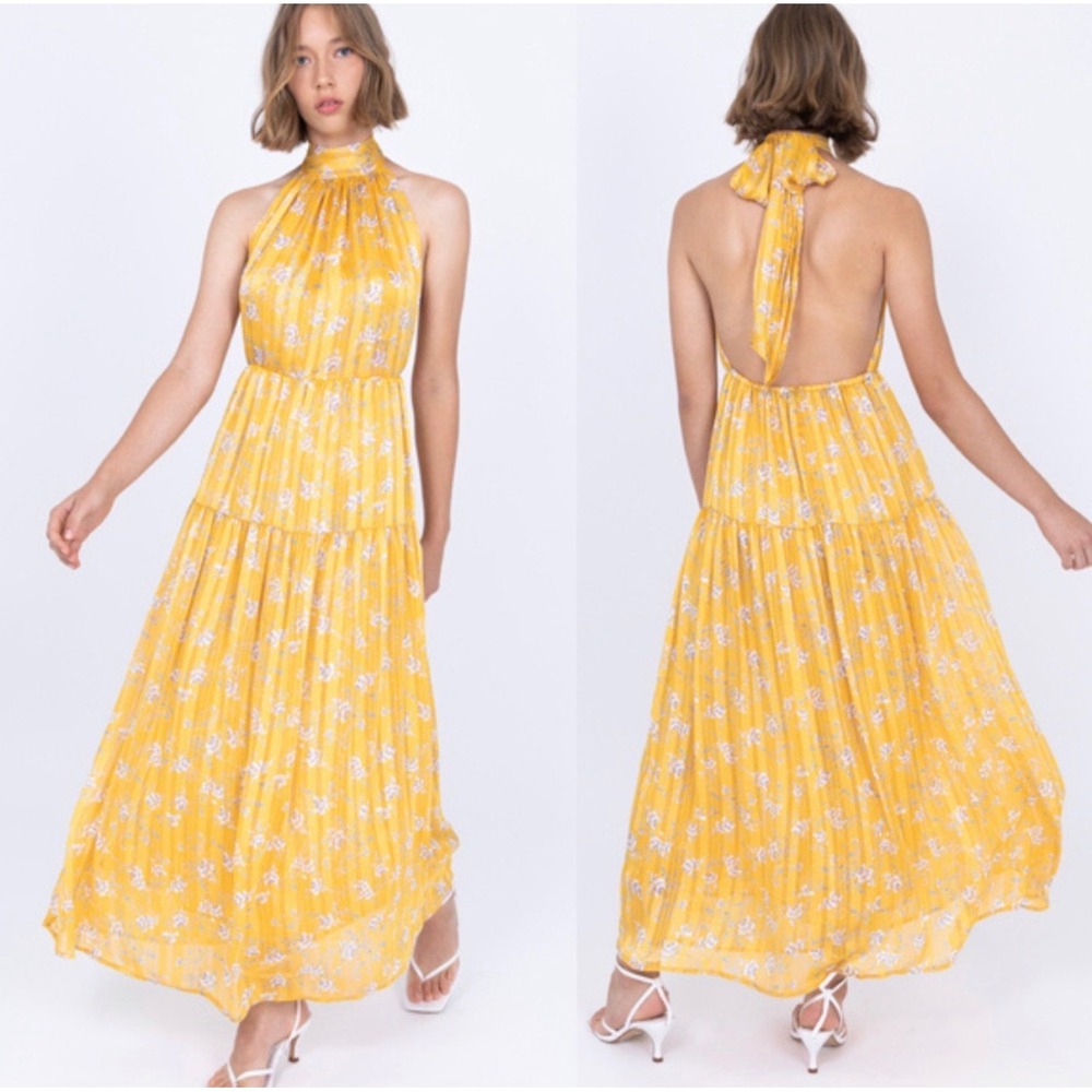 Sabina Musayev Nolita Dress Yellow Floral Metallic Pleated Halter Maxi Small